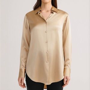 Silk Satin Button-Up Blouse in Champagne